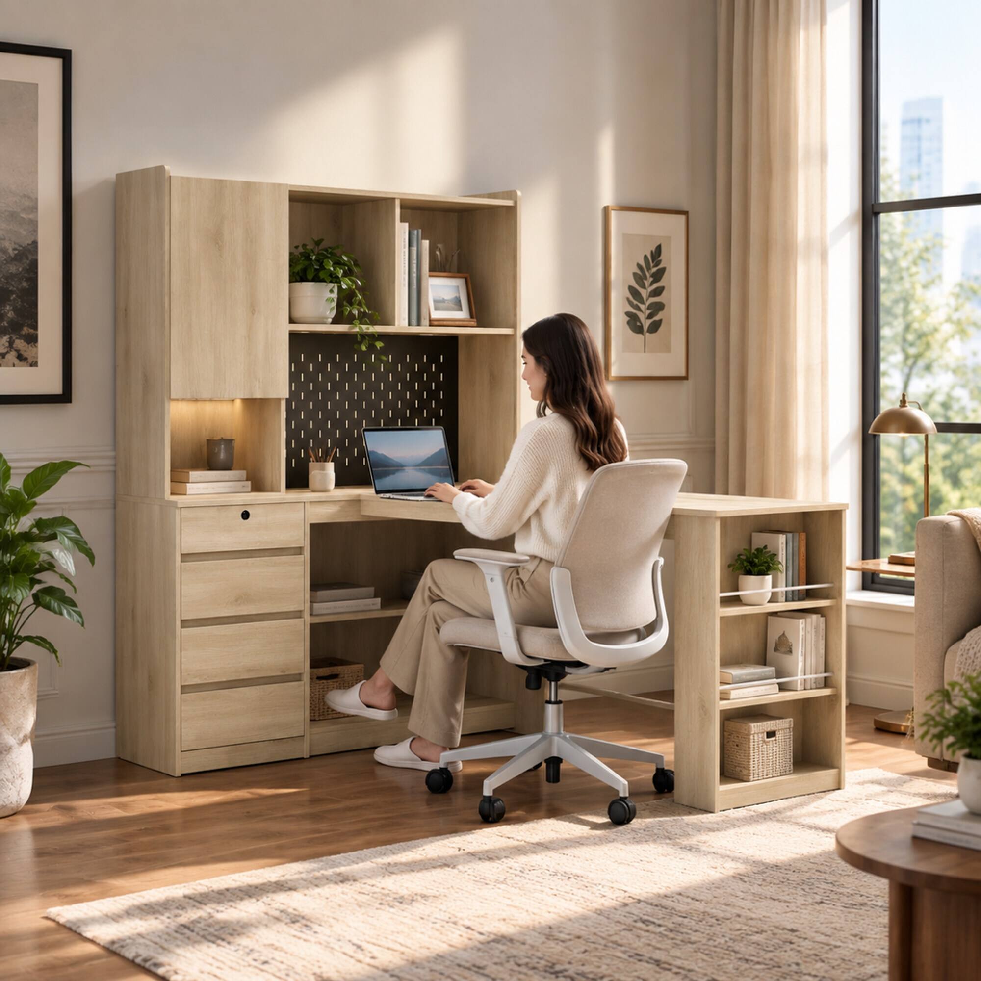 Angle. RYHNUYNE - L-Shaped Corner Desk, White Finish, Built-In Charging Ports, LED Light, Storage Shelves, Modern Home Office Workstation - Wood.