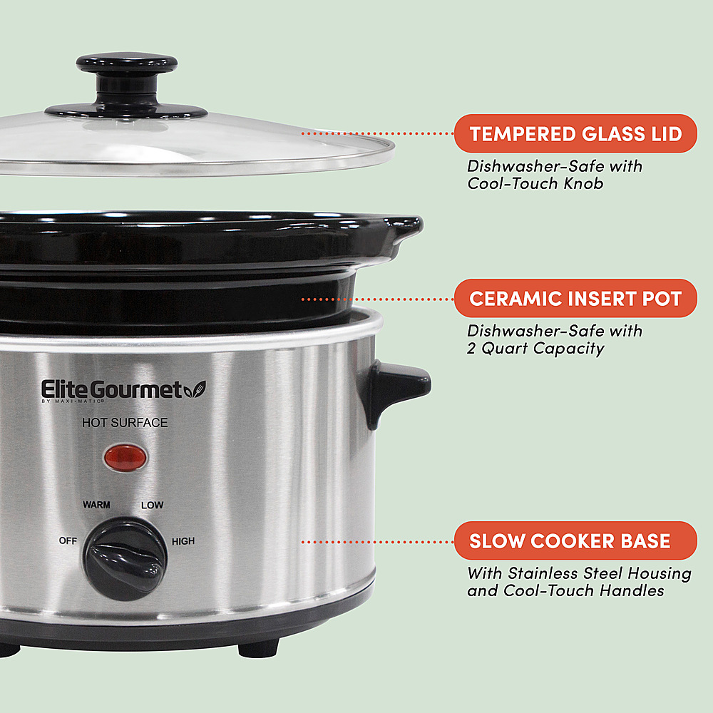 2Qt Capacity Elite Gourmet MST-275XR Electric Slow Cooker Entrees Adjustable Temp Metallic Red Stews and Dips Dishwasher-Safe Glass Lid & Ceraic Pot Sauces 