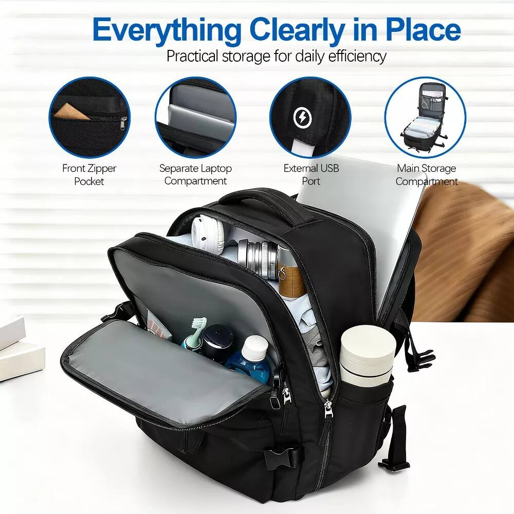 Everything Clearly in Place  
Practical storage for daily efficiency  

- Front Zipper Pocket  
- Separate Laptop Compartment  
- External USB Port  
- Main Storage Compartment