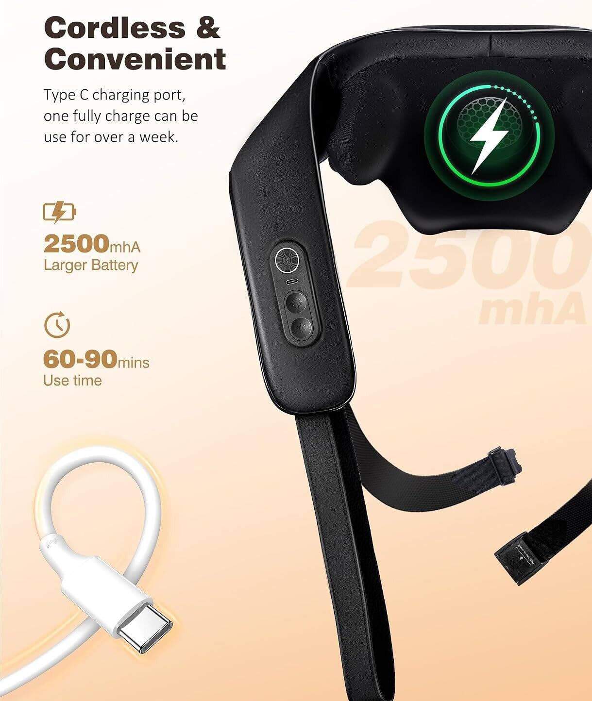 Cordless & Convenient  
Type C charging port, one fully charge can be use for over a week.  
2500 mAh Larger Battery  
60-90 mins Use time