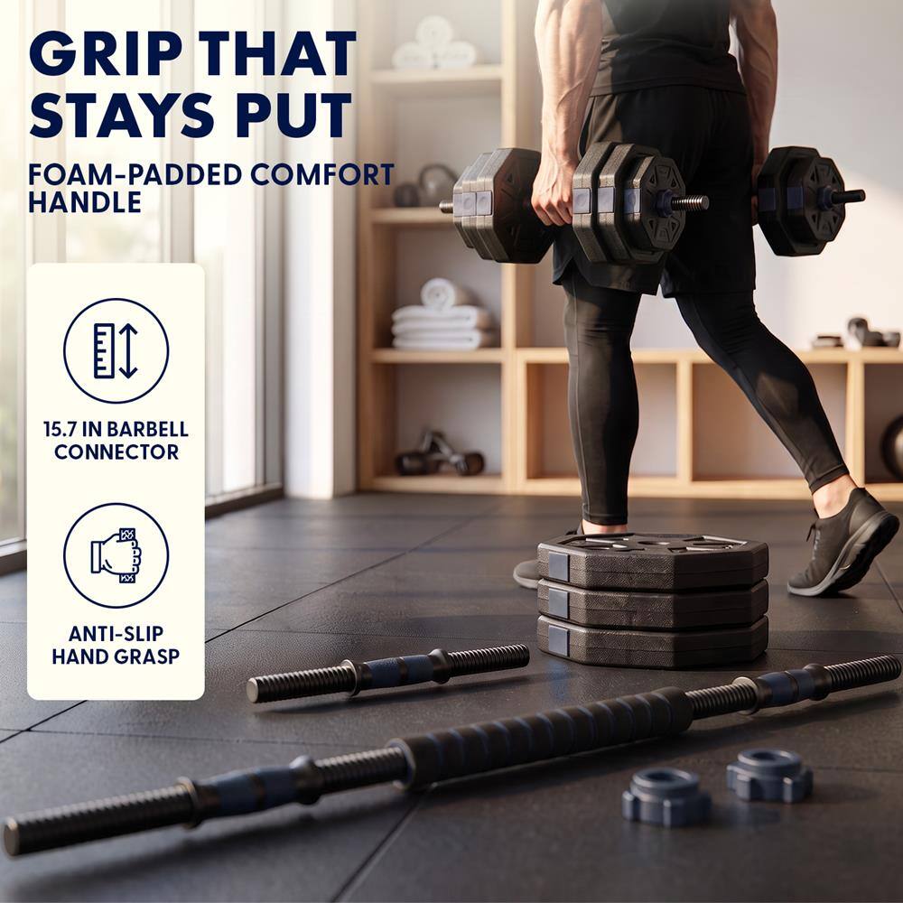 GRIP THAT STAYS PUT  
FOAM-PADDDED COMFORT HANDLE  
15.7 IN BARBELL CONNECTOR  
ANTI-SLIP HAND GRASP