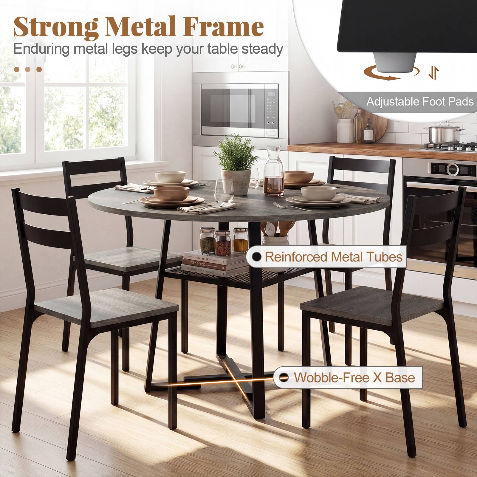 Strong Metal Frame  
Enduring metal legs keep your table steady

- Adjustable Foot Pads
- Reinforced Metal Tubes
- Wobble-Free X Base