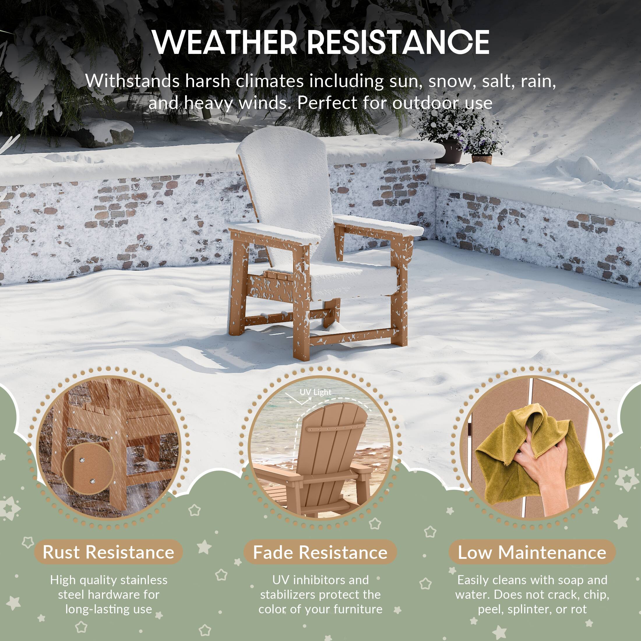 WEATHER RESISTANCE

Withstands harsh climates including sun, snow, salt, rain, and heavy winds. Perfect for outdoor use

UV Light
Rust Resistance
Fade Resistance
Low Maintenance

High quality stainless steel hardware for long-lasting use
UV inhibitors and stabilizers protect the color of your furniture
Easily cleans with soap and water. Does not crack, chip, peel, splinter, or rot