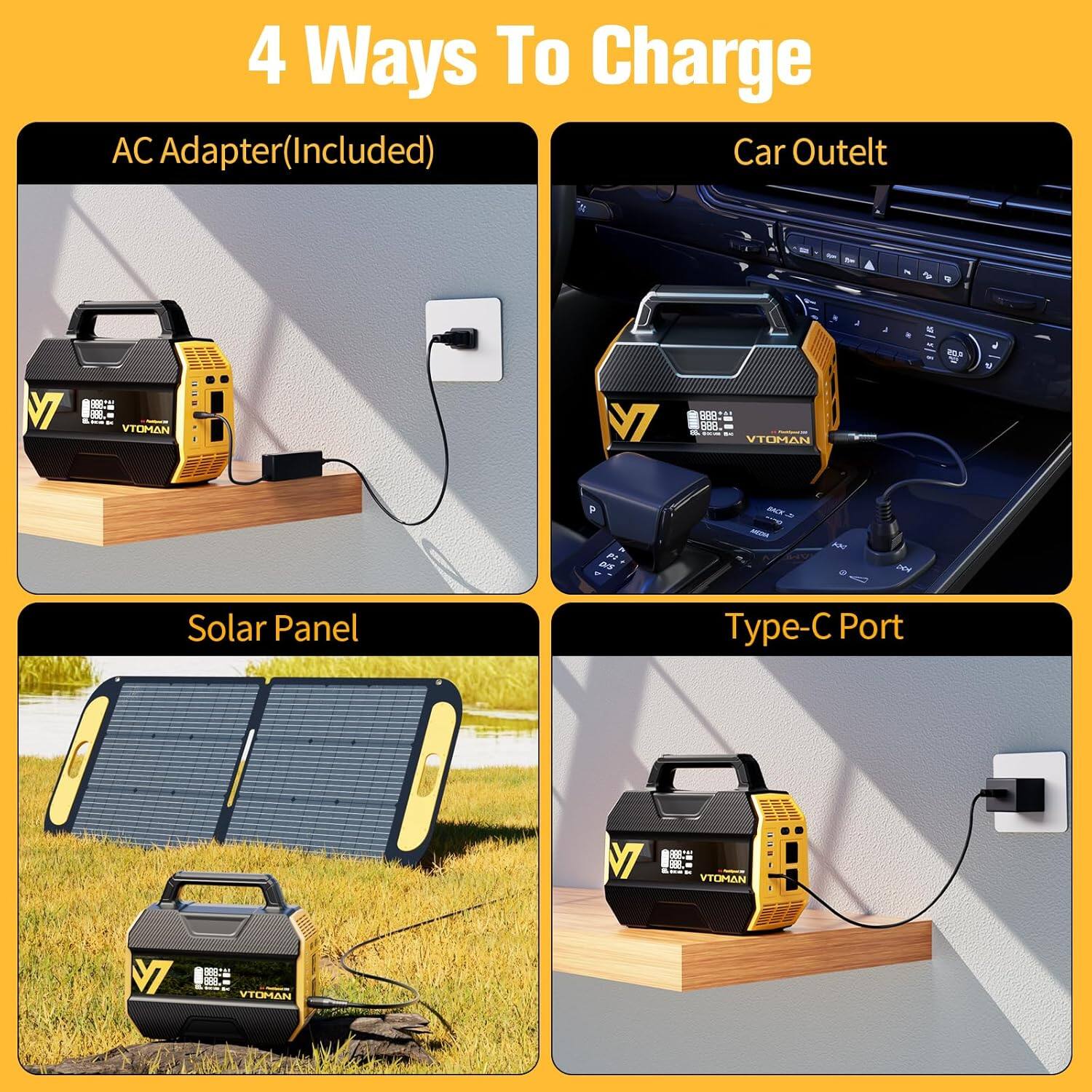 4 Ways To Charge

AC Adapter (Included)

Car Outlet

Solar Panel

Type-C Port