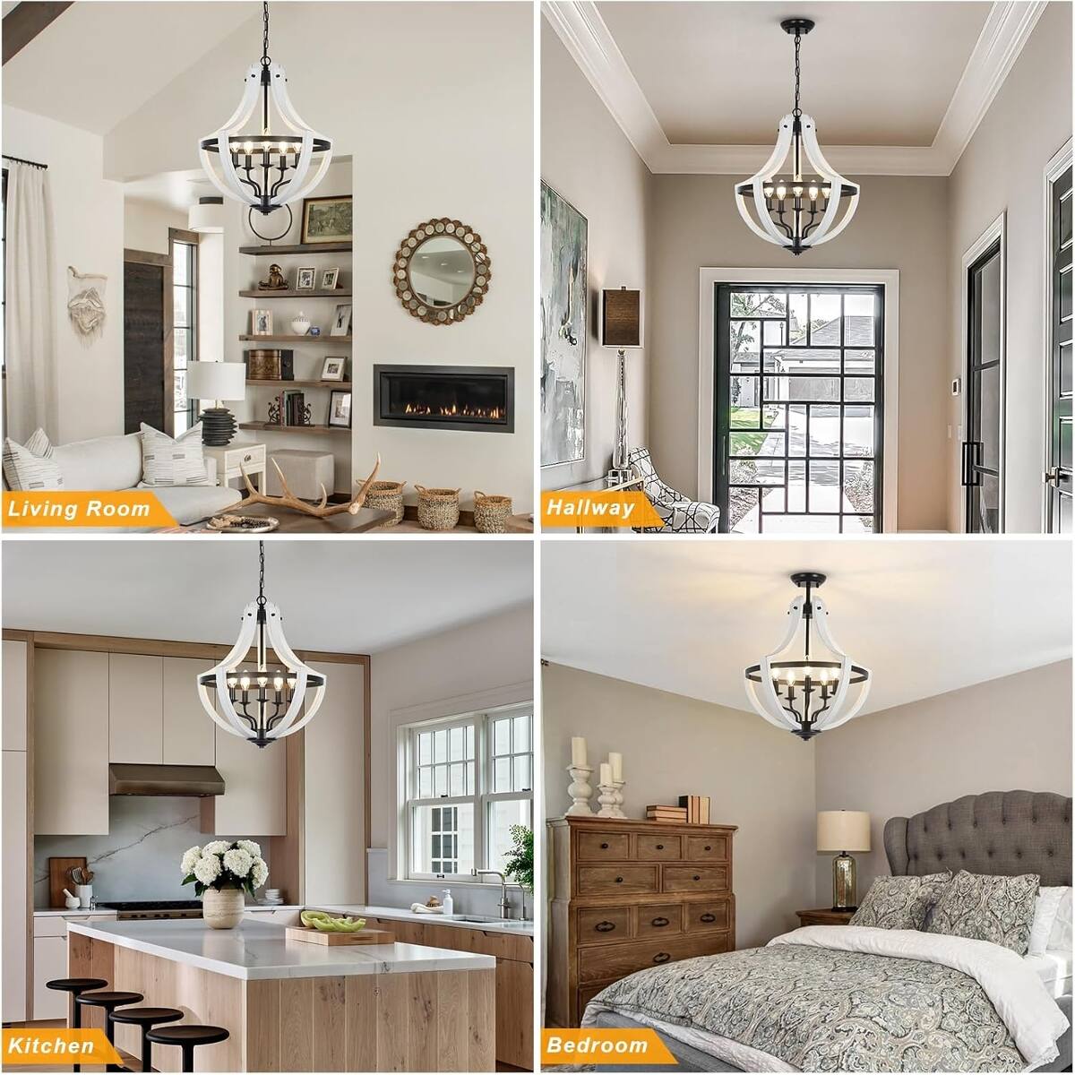 Loheer 5 Light Farmhouse Chandelier, White Wood Dining Room Light with ...