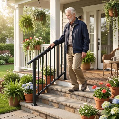 Alt View 6. Winado - Handrails 3-Step with Straight End, Wrought Iron Stair Railing for Concrete Indoor Outdoor Steps Fits Garden Porch - Black.