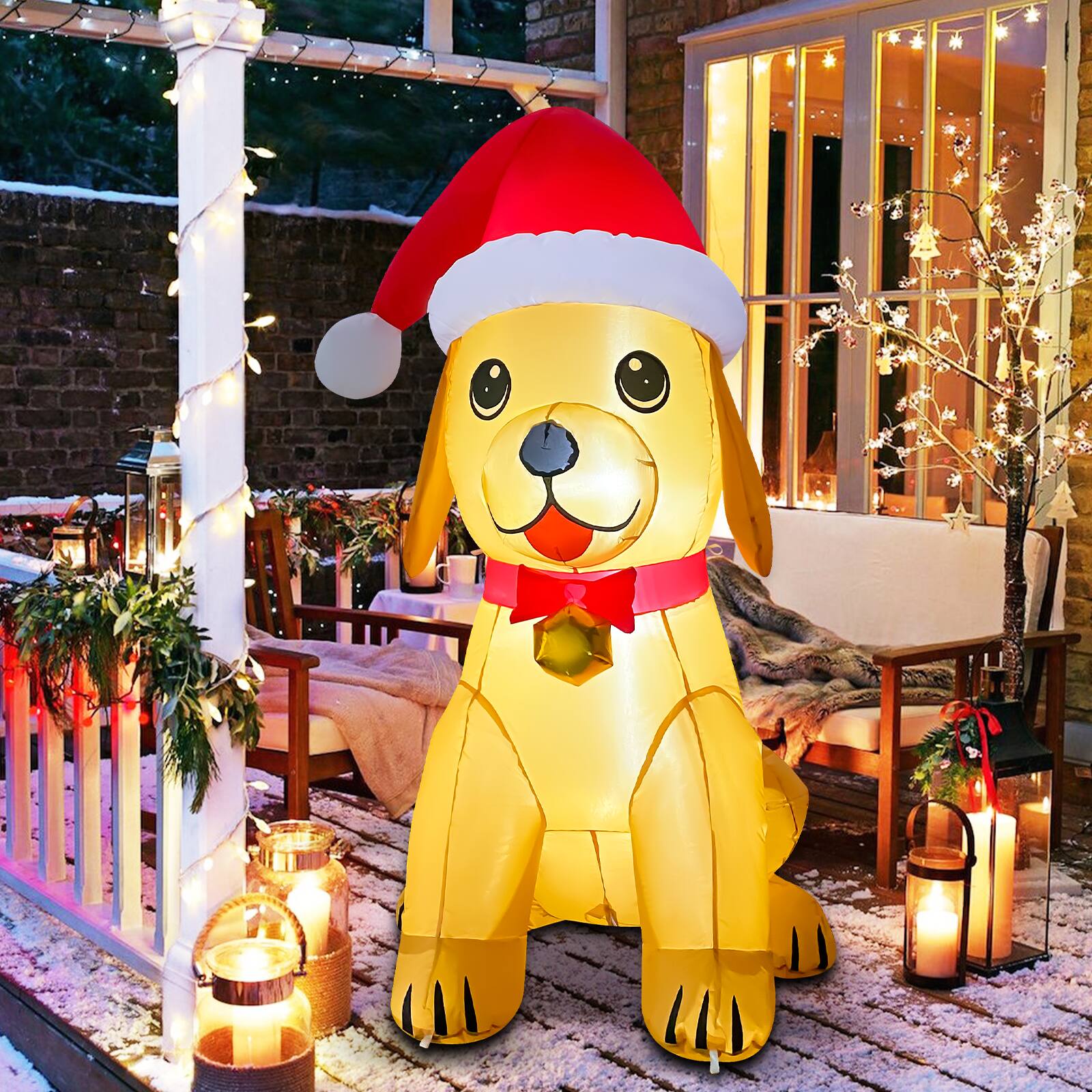 Angle. GOOSH Inflatables - GOOSH 5.2FT Christmas Golden Puppy Inflatable with Santa Hat and LED Lights - Yellow.