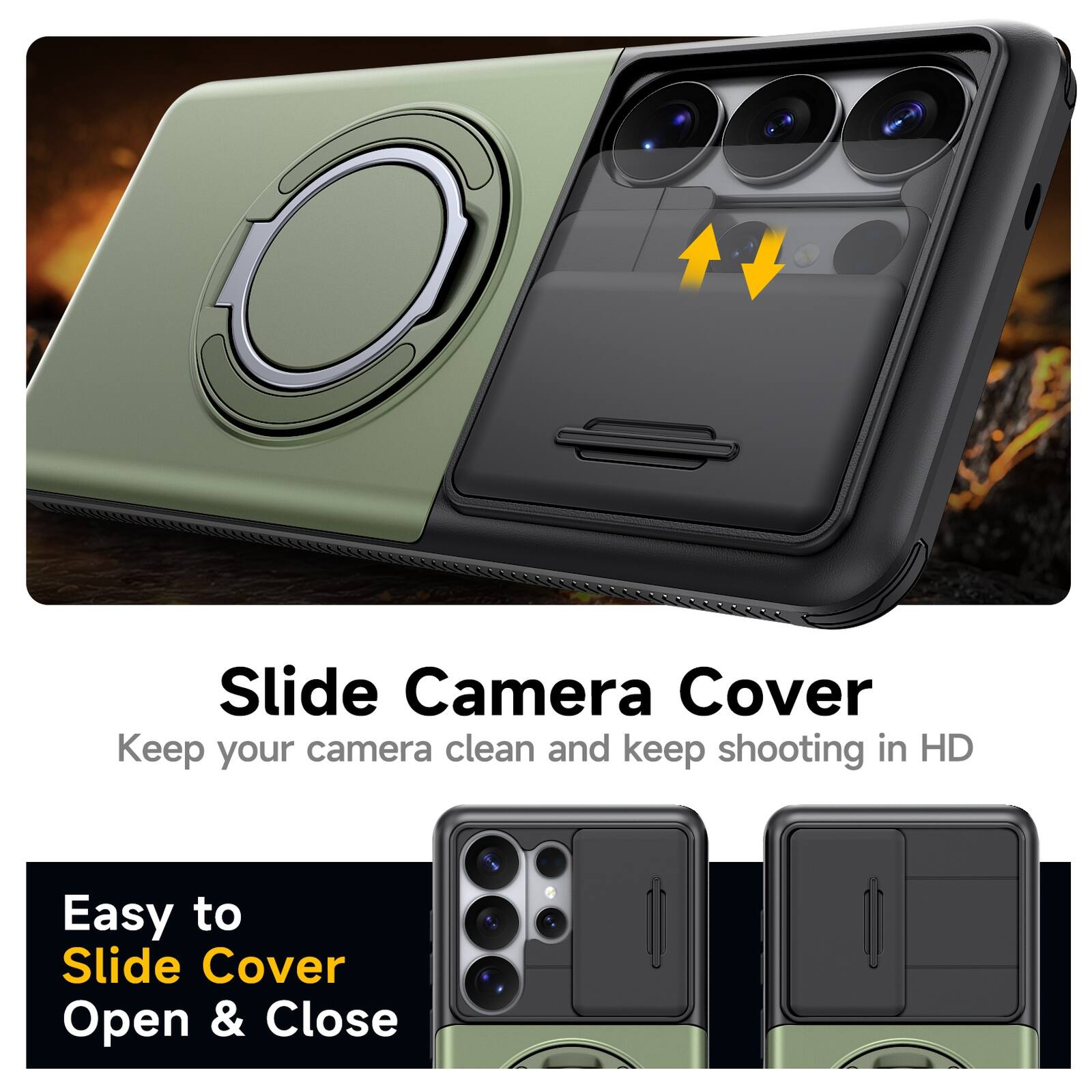 Slide Camera Cover  
Keep your camera clean and keep shooting in HD  
Easy to Slide Cover Open & Close