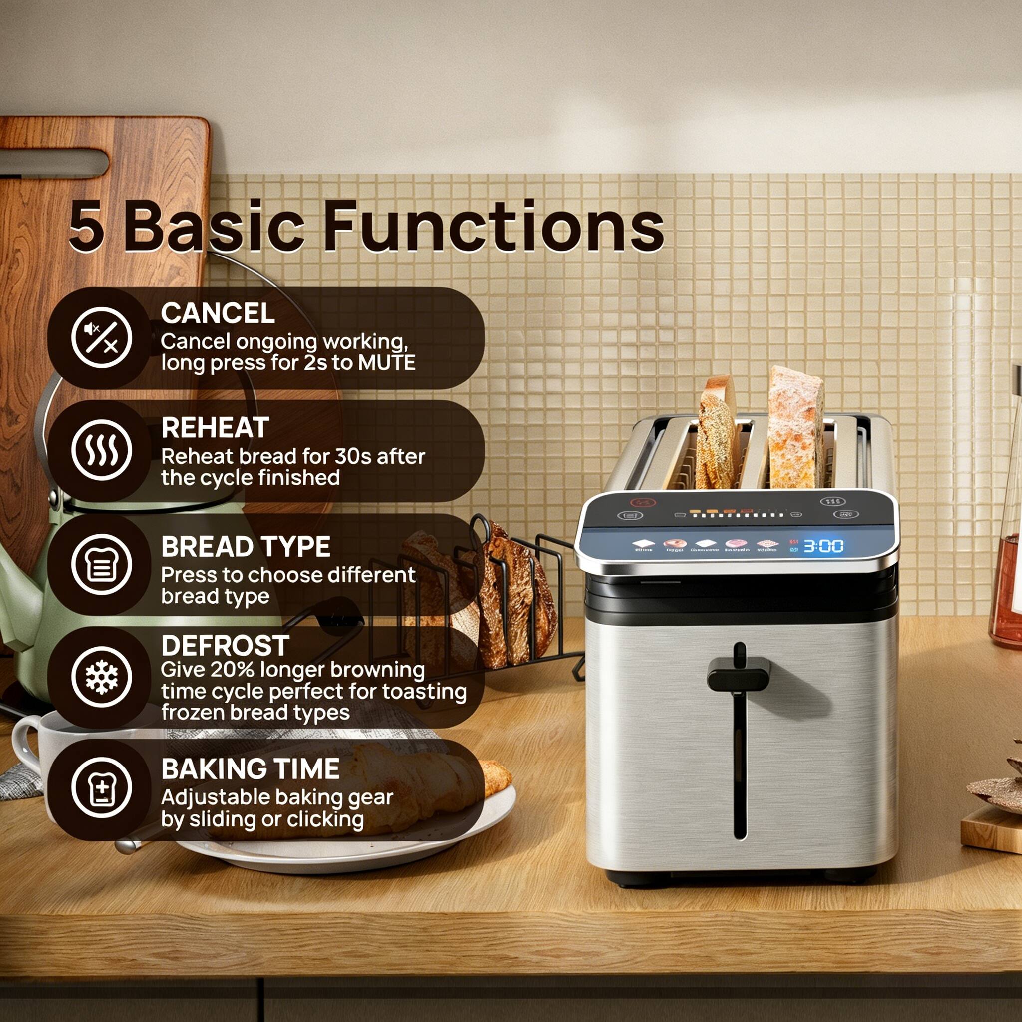 5 Basic Functions

CANCEL
Cancel ongoing working, long press for 2s to MUTE

REHEAT
Reheat bread for 30s after the cycle finished

BREAD TYPE
Press to choose different bread type

DEFROST
Give 20% longer browning time cycle perfect for toasting frozen bread types

BAKING TIME
Adjustable baking gear by sliding or clicking