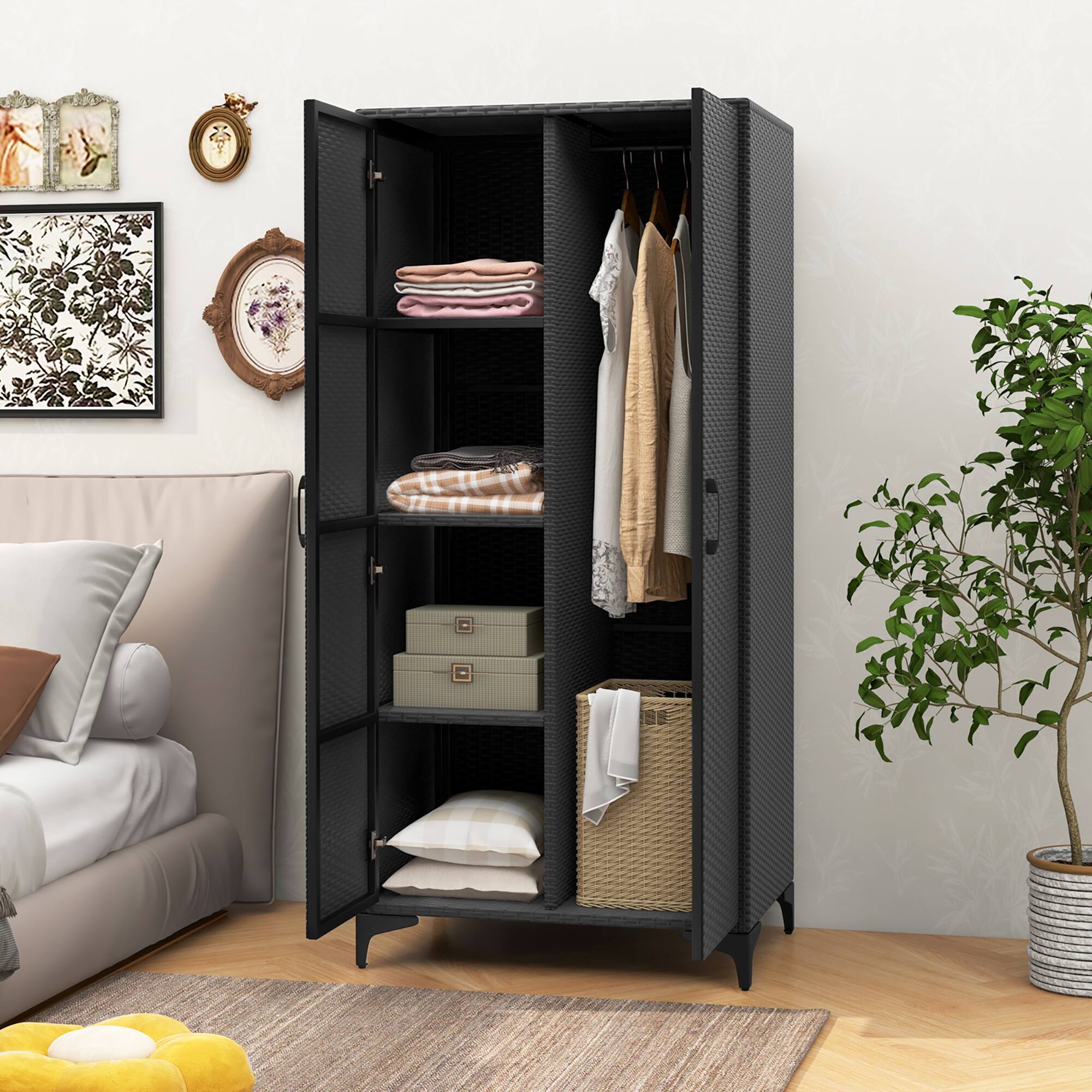 Alt View 3. Gymax - Gymax 62'' Wicker Wardrobe w/ 2 Doors Hanging Rod & 4 Storage Cubes for Home Patio Black - Black.