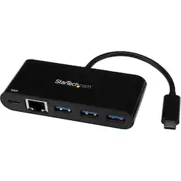 Startech - 3-Port USB 3.0 Hub with Gigabit Ethernet and Power Delivery - USB-C - Black