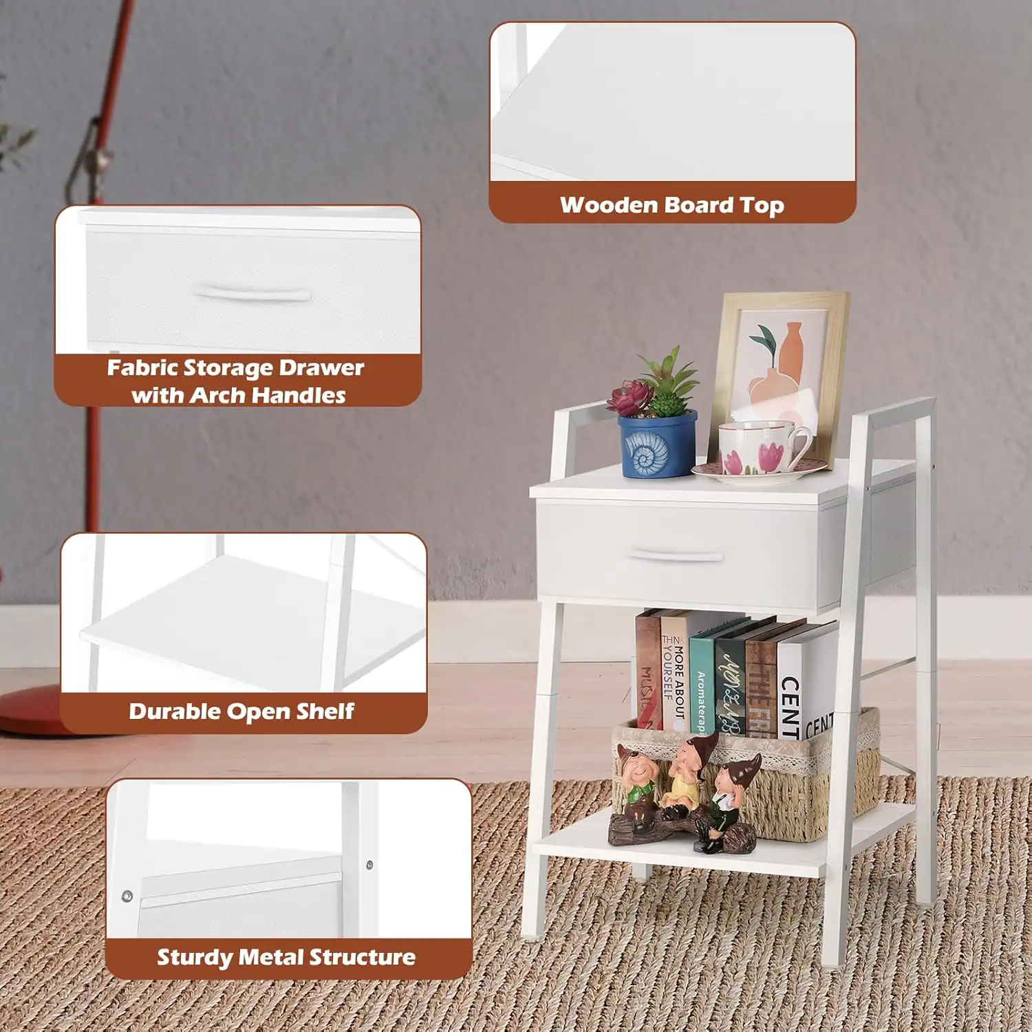 Wooden Board Top Fabric Storage Drawer with Arch Handles Durable Open Shelf Sturdy Metal Structure