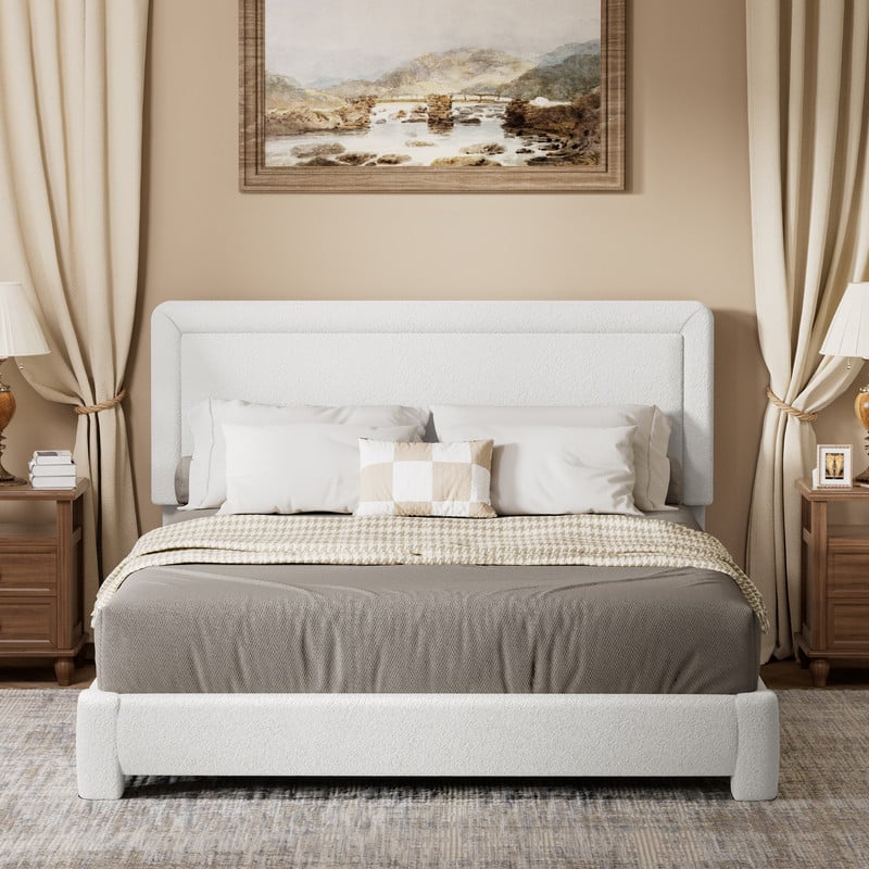 Dyonery - Queen-size bed frame, modern White bed frame with adjustable headboard, rounded soft corners,easy assembly. - White