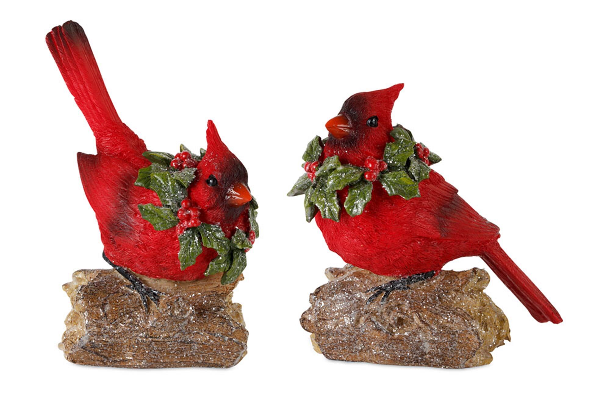 Angle. BreeBe - Perched Cardinal Bird on Log with Holly Wreath Accent (Set of 4) - Red, Green, Brown.