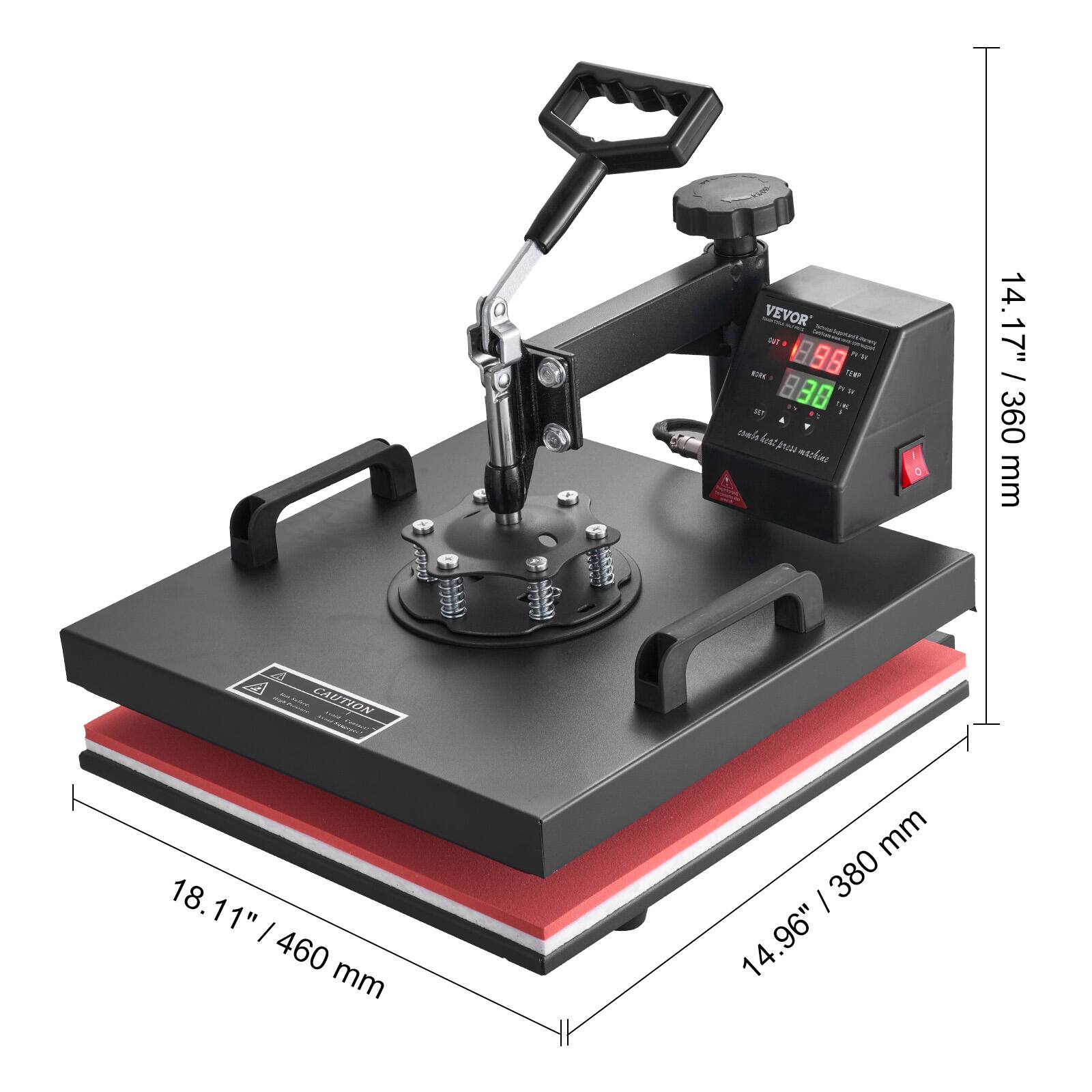VEVOR Service  
WORK R837: 88 n R 18 1/46 CAT almes hest we machine  
14.17" / 360 mm  
- CAUTION (2:15 PART Conservic  
18.11" / 460 mm  
mm 380 14.96"