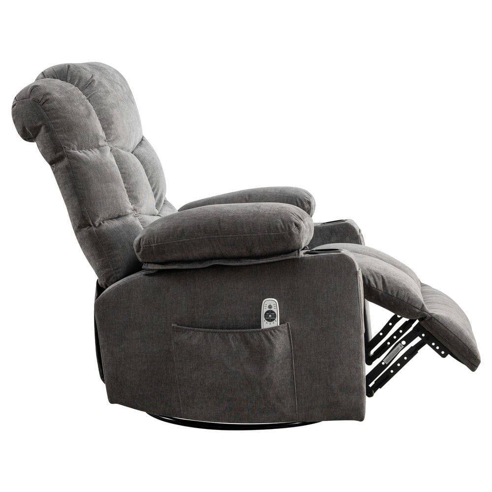 Back. Kadyn - Oversized Massage Swivel Recliner with Lumbar Heating, Cup Holders & USB Port, Living Room Chair - Gray.