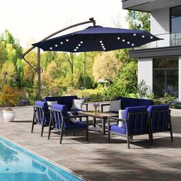 Mondawe - 10ft Offset Patio Cantilever Umbrella with Easy Tilt,Crank 360°Rotate,Solar LED Lighted - Navy Blue