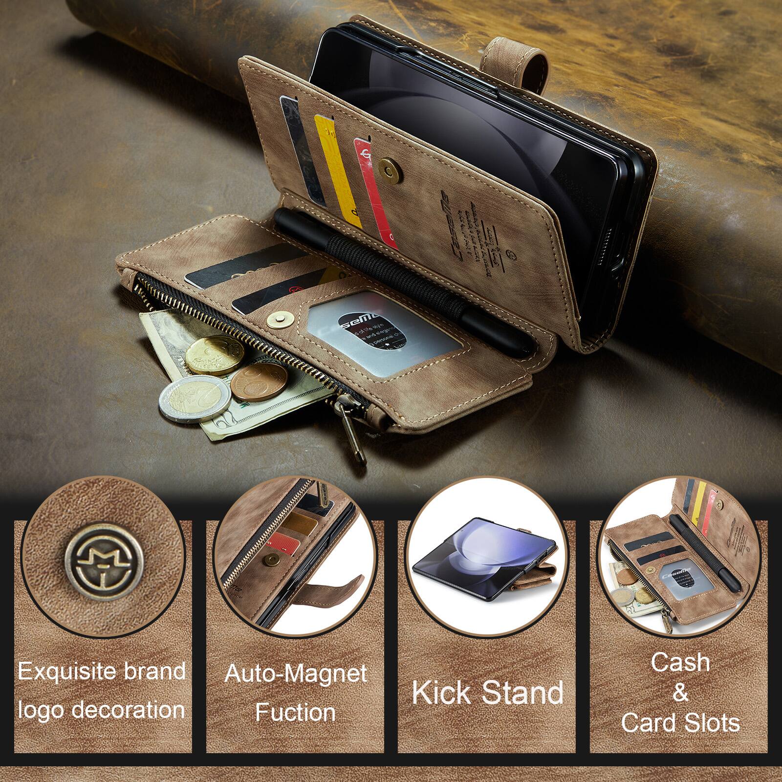 Exquisite brand logo decoration  
Auto-Magnet Fuction  
Kick Stand  
Cash & Card Slots
