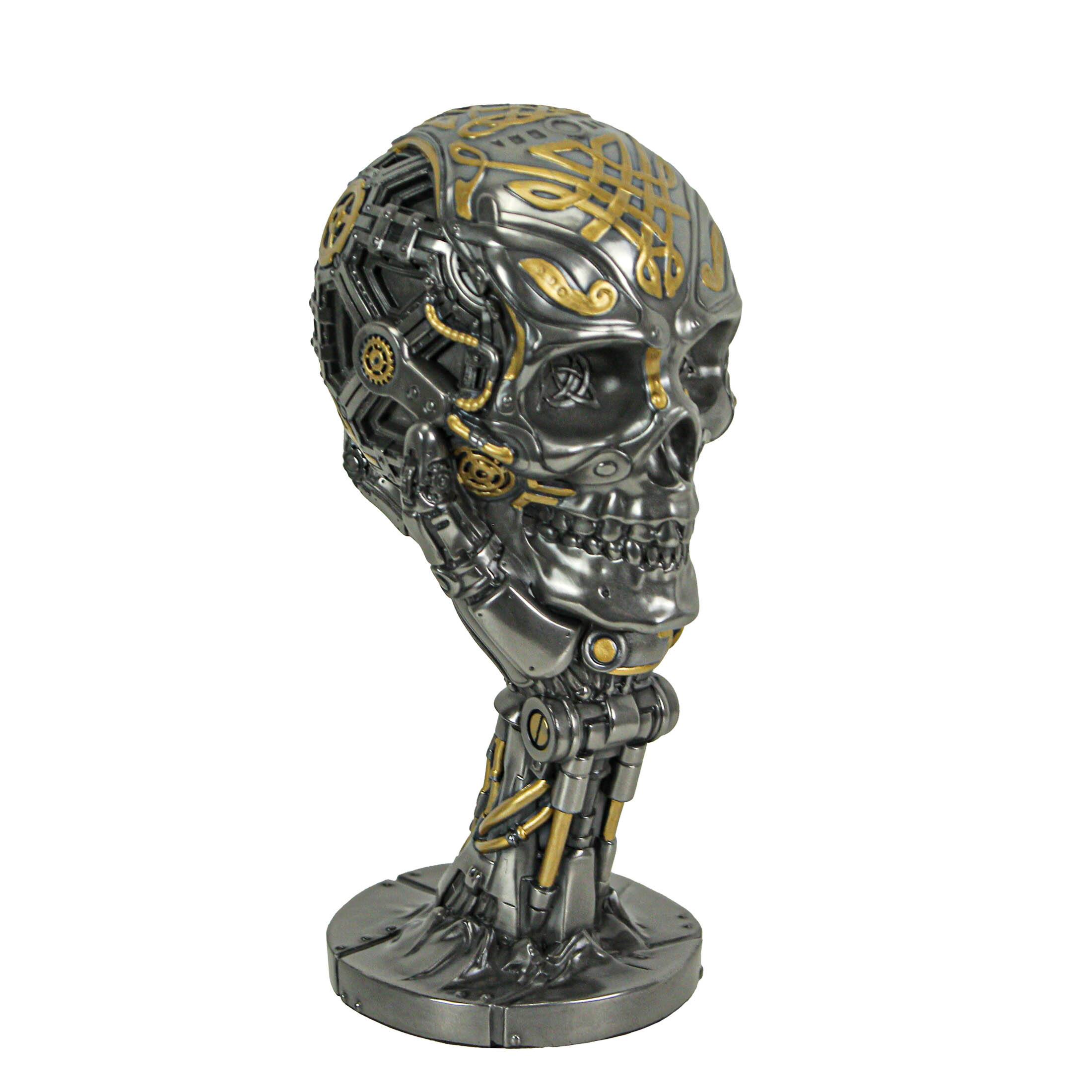 Alt View 4. Veronese Design - Silver / Gold Finished Steampunk Human Skull Statue - Robotic Arm Base - Multicolored.