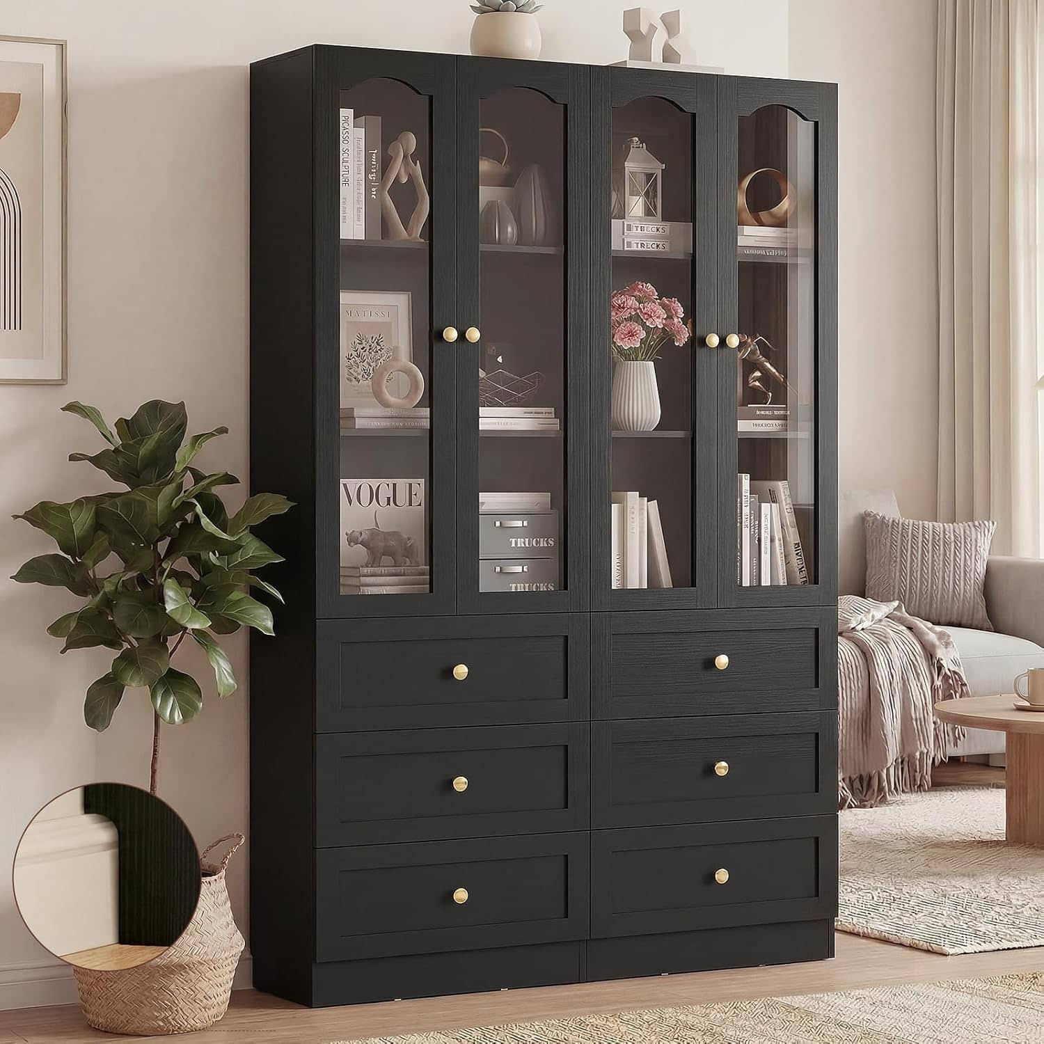 Aheaplus - 80'' Tall Bookcase with 3 Drawers, Glass Doors, and 3-Tier Shelves, 2 Piece Set - Black
