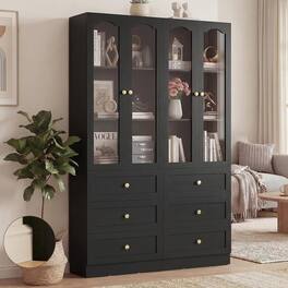 Aheaplus - 80'' Tall Bookcase with 3 Drawers, Glass Doors, and 3-Tier Shelves, 2 Piece Set - Black