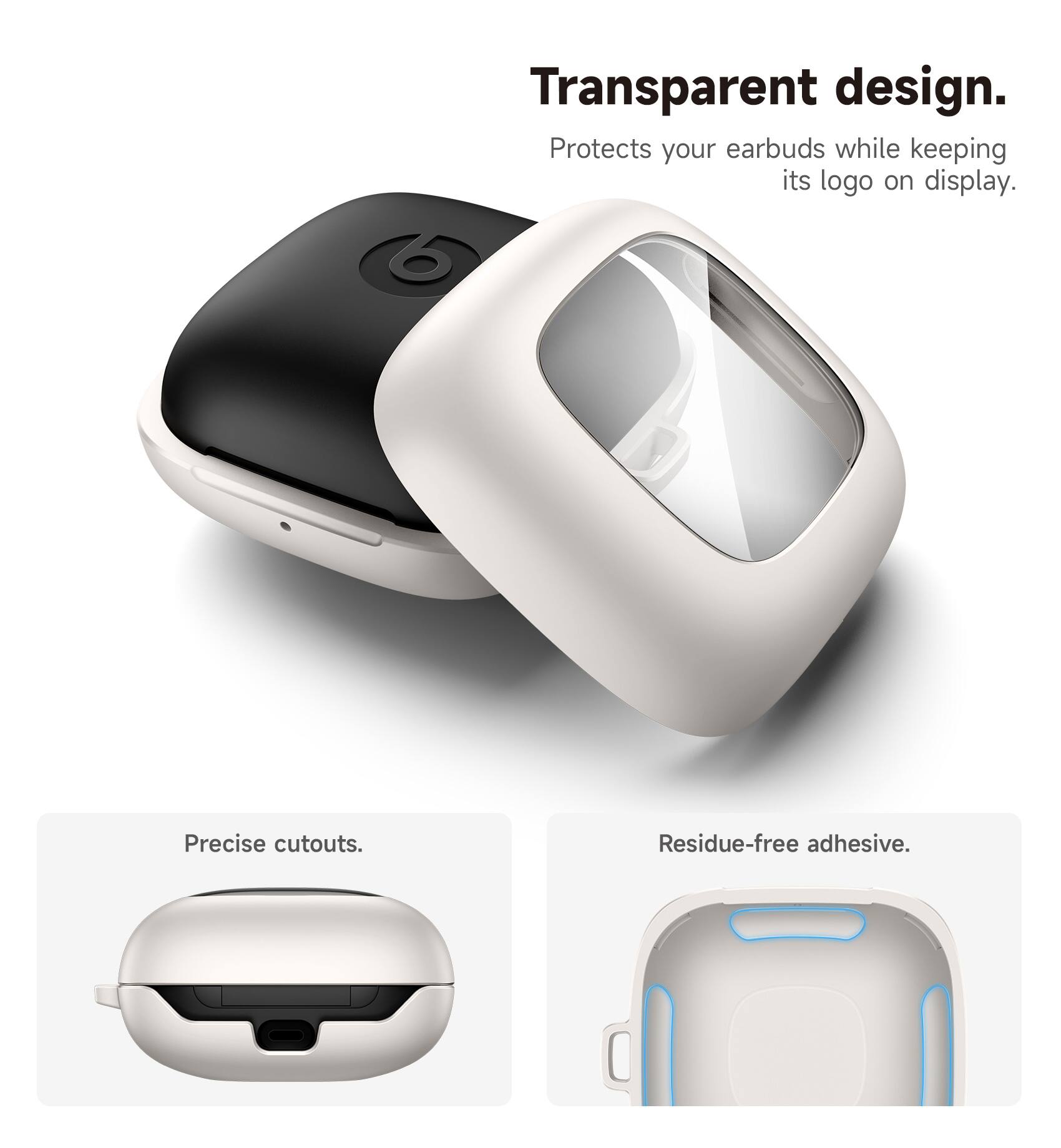 Transparent design. Protects your earbuds while keeping its logo on display. Precise cutouts. Residue-free adhesive.