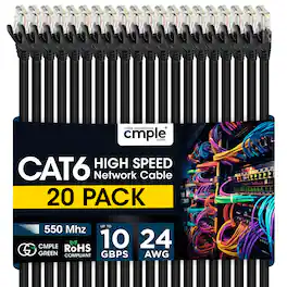 Cmple.com - Cmple - 20 Pack Cat6 Ethernet Cable 15 ft Cat 6 Network Cables, RJ45, 10Gbps LAN Patch Cord 550Mhz Cat 6 Wire - Black