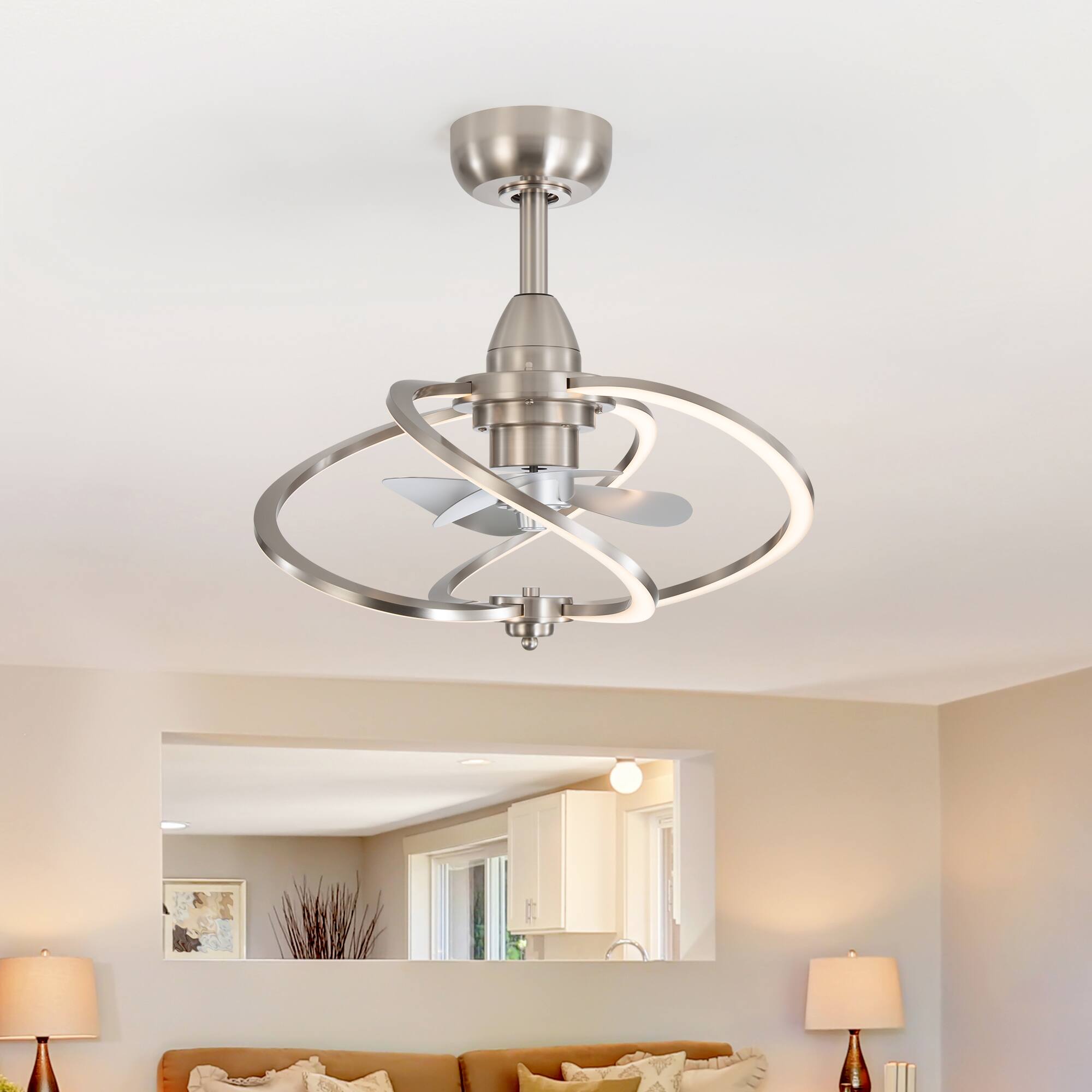 Back. Breezary - 20-Inch Indoor Gyro Cage Ceiling Fan with Light Kit, 3 ABS Blades, DC Motor, 6-Speed Remote Control, Timer, 6-In Downrod - Satin Nickel and Silver.