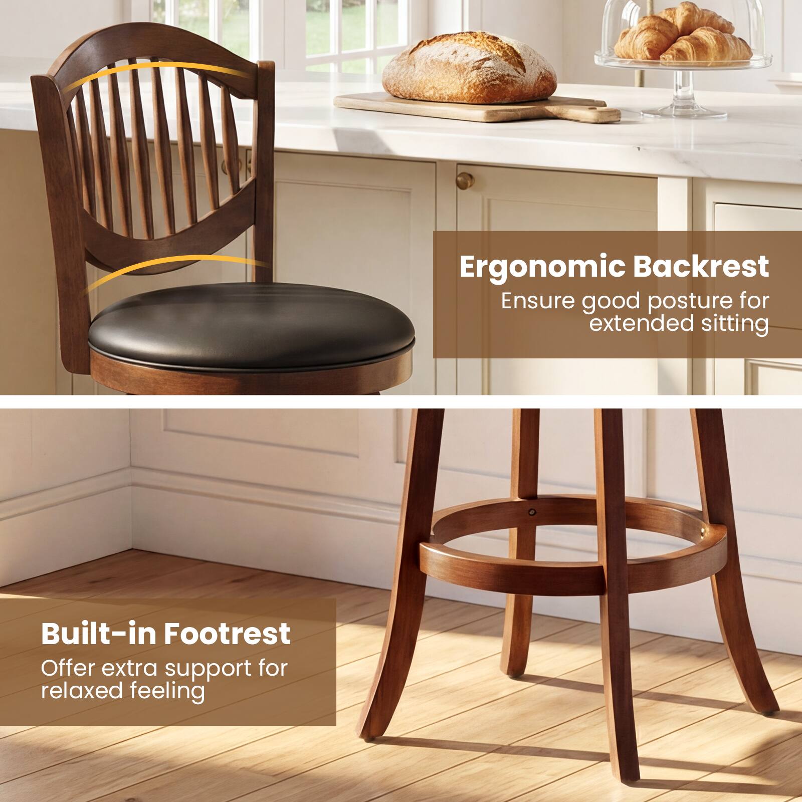 Ergonomic Backrest  
Ensure good posture for extended sitting  

Built-in Footrest  
Offer extra support for relaxed feeling