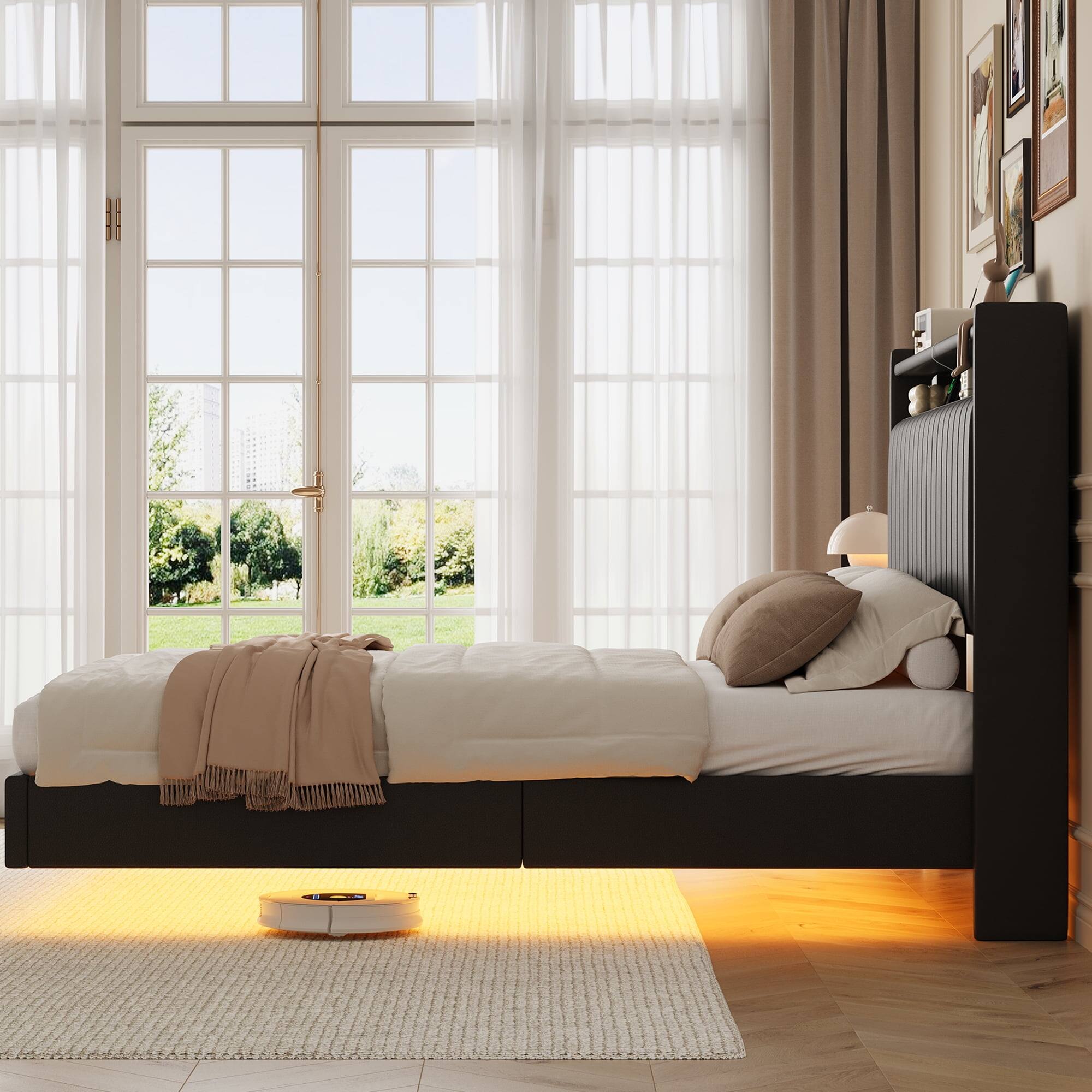 Alt View 4. GARVEE - Floating Bed Frame Full Size Black RGB LED Lights Leather Storage Headboard - Black Full.