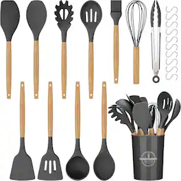 RTMB - Twenty-two pieces of silicone cooking utensils with wooden handles - Gray
