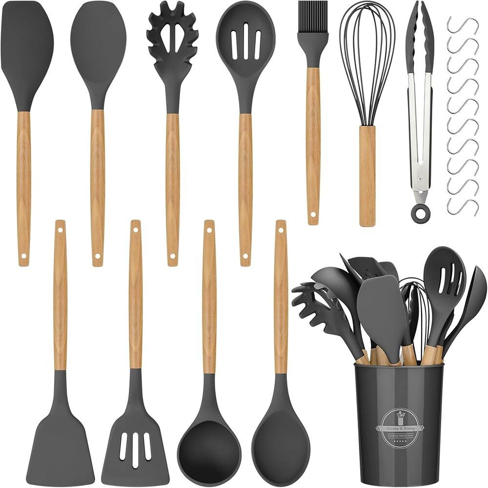Front. RTMB - Twenty-two pieces of silicone cooking utensils with wooden handles - Gray.