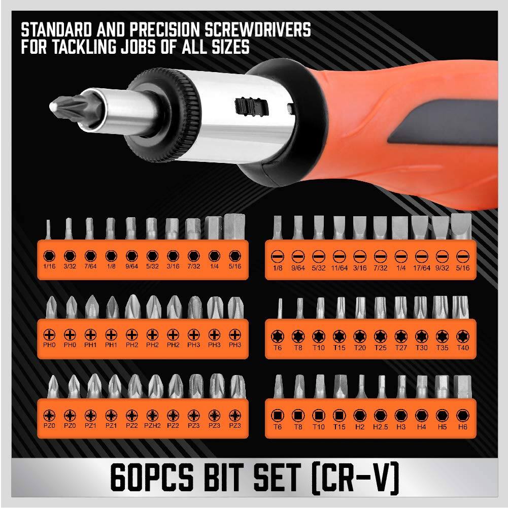 STANDARD AND PRECISION SCREWDRIVERS FOR TACKLING JOBS OF ALL SIZES

1/16 3/32 7/64 1/8 9/64 5/32 3/16 7/32 1/4 5/16 1/8 9/64 5/32 11/64 3/16 7/32 1/4 17/64 9/32 5/16

PH0 PH0 PH1 PH1 PH2 PH2 PH2 PH3 PH3 PH3

T6 T8 T10 T15 T20 T25 T27 T30 T35 T40

PZO PZO PZ1 PZ1 PZ2 PZH2 PZ2 PZ3 PZ3 PZ3

T6 T8 T10 T15

H2 H2.5 H3 H4 H5 H6

60PCS BIT SET [CR-V]