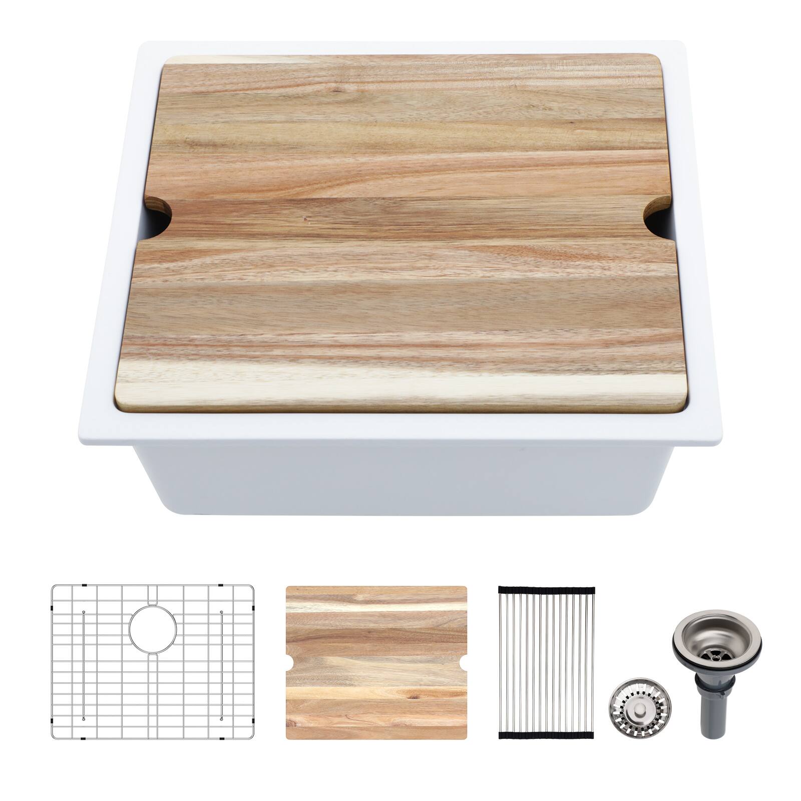 Front. Lordear - 21x18x10 Inch White Granite Composite Undermount kitchen Sink Single Bowl Quartz Workstation Bar Sink - White.