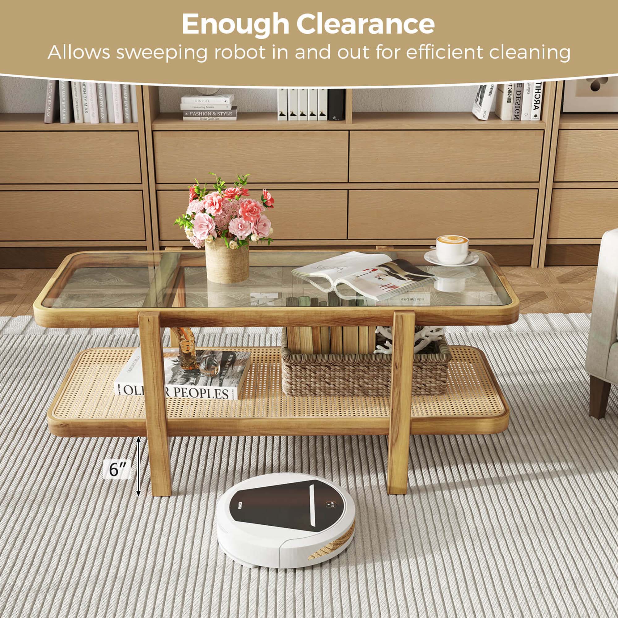 The text on the image reads: "Enough Clearance Allows Sweeping Robot In and Out for Efficient Cleaning."