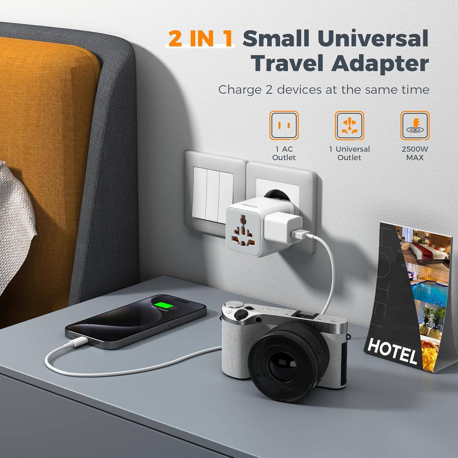 2 IN 1 Small Universal Travel Adapter  
Charge 2 devices at the same time  
1 AC Outlet  
1 Universal Outlet  
2500W MAX  
HOTEL