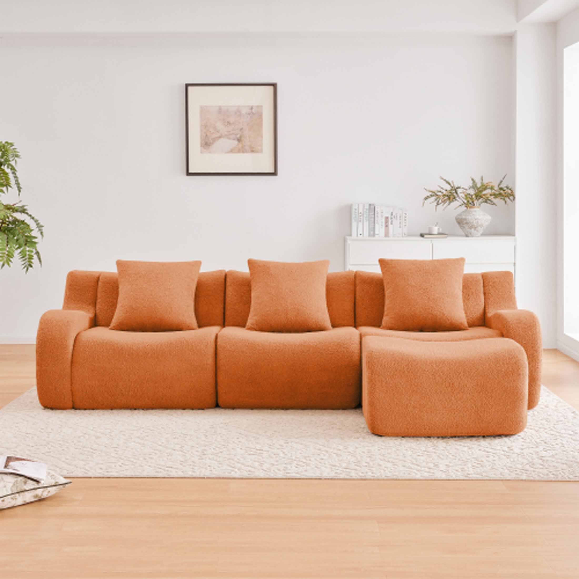 Angle. Aukfa - Modular Teddy Fabric Sofa - 3-Seat Sectional with 1 Ottoman, Soft Boneless Design for Living Room - Orange.