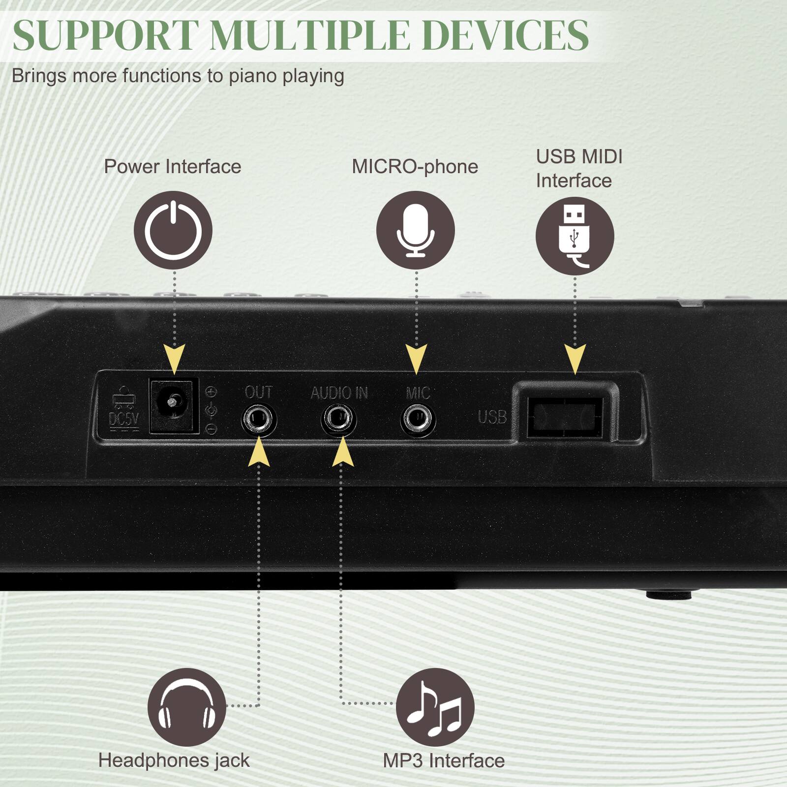 SUPPORT MULTIPLE DEVICES  
Brings more functions to piano playing

- Power Interface
- MICRO-phone
- USB MIDI Interface
- Headphones jack
- MP3 Interface

DC5V  
OUT  
AUDIO IN  
MIC  
USB