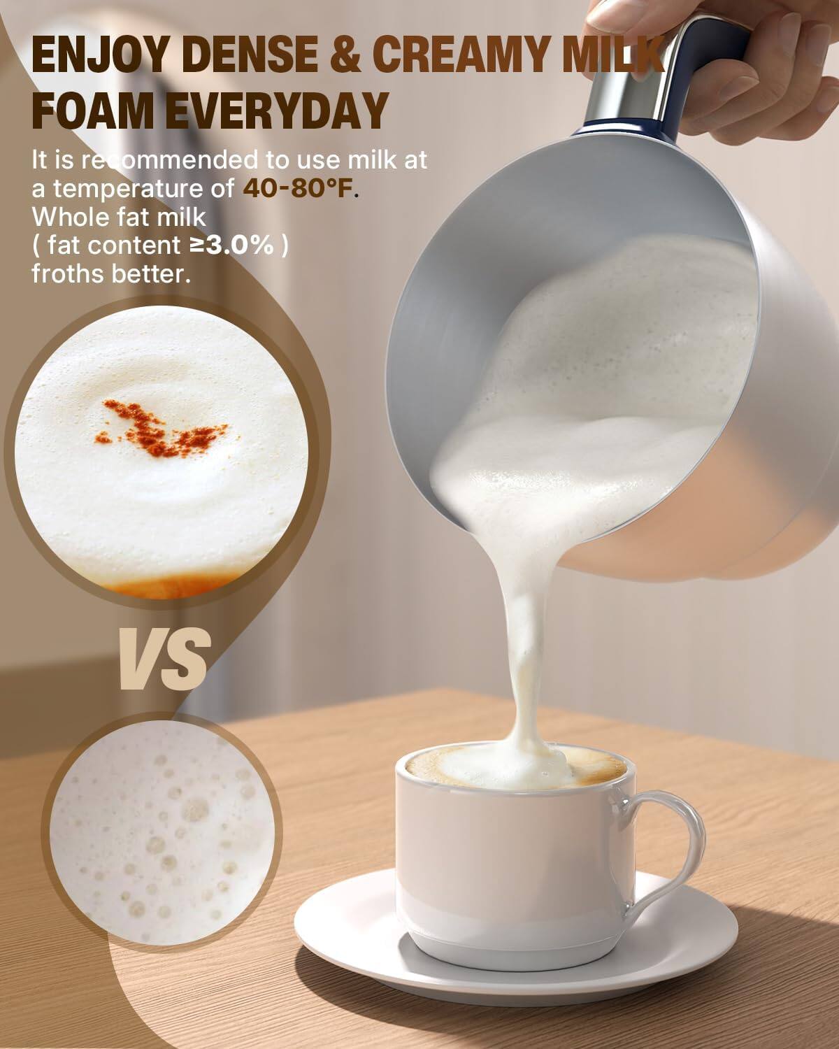 ENJOY DENSE & CREAMY MILK FOAM EVERYDAY

It is recommended to use milk at a temperature of 40-80°F. Whole fat milk (fat content ≥3.0%) froths better.