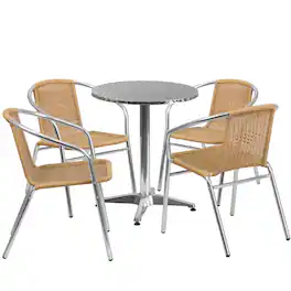 Emma + Oliver - 23.5" Round Aluminum Garden Patio Table Set with 4 Rattan Chairs - Beige