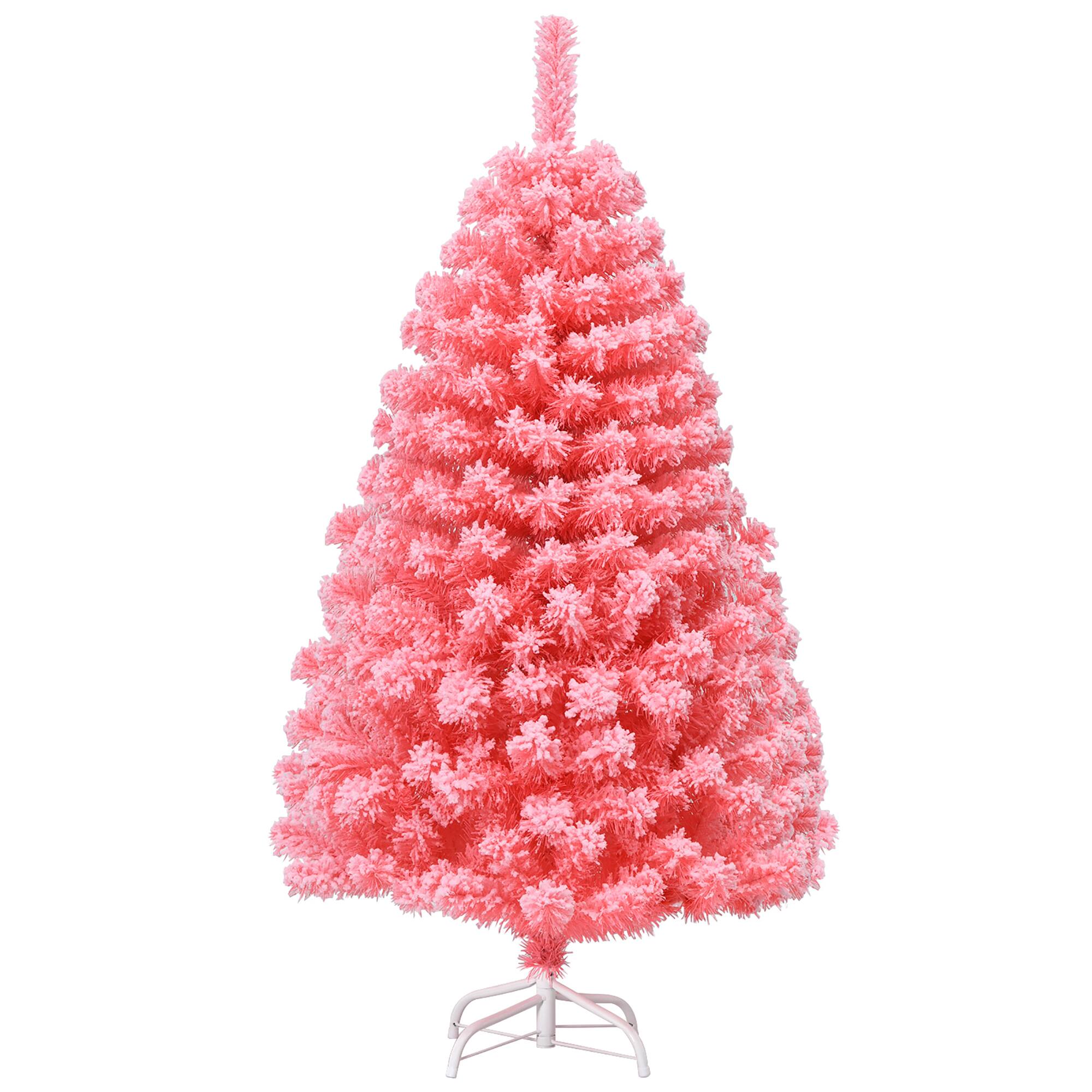 Costway - 4.5ft Snow Flocked Hinged Artificial Christmas Tree w/ Metal Stand - Pink