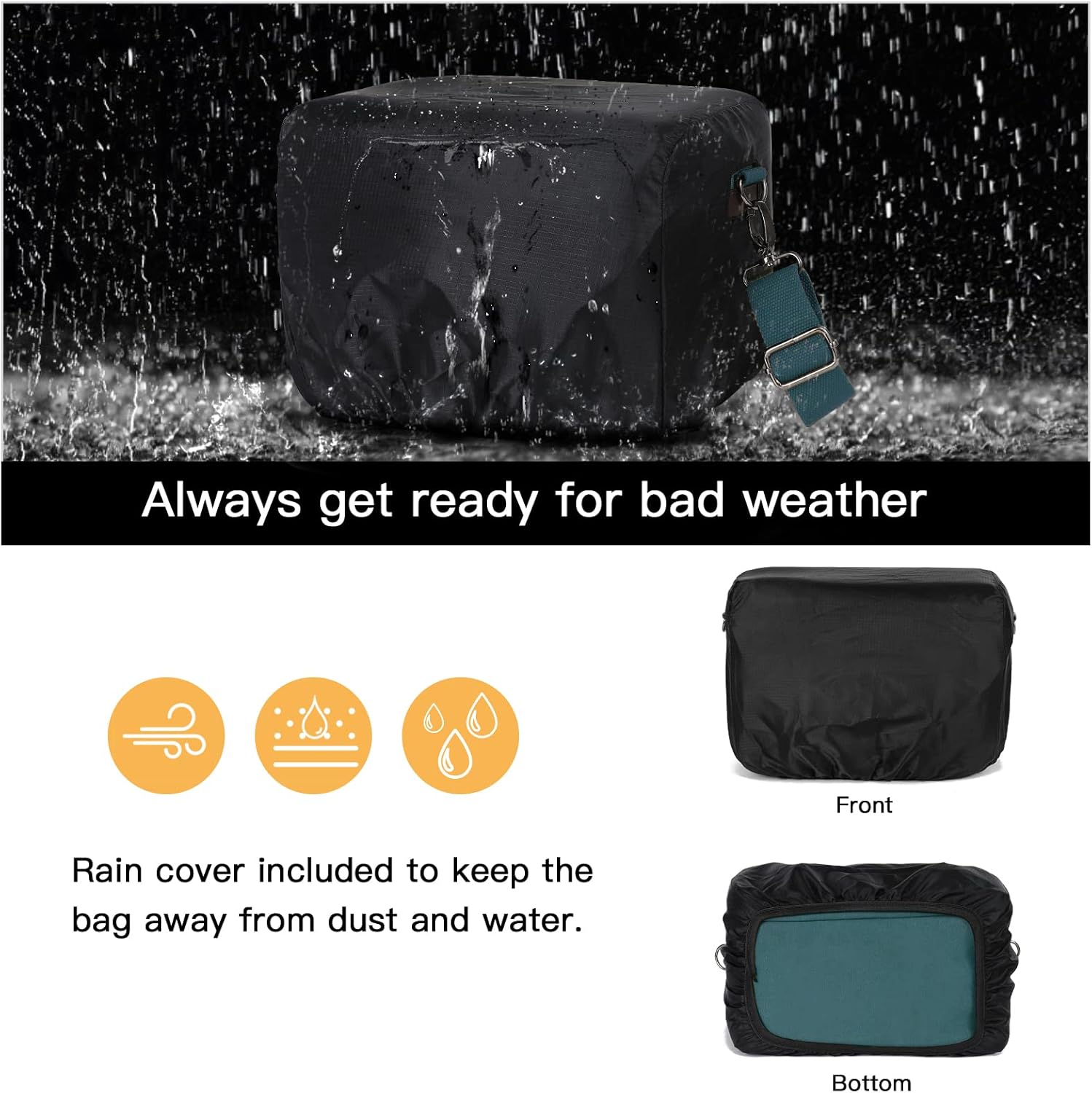 Always get ready for bad weather

Rain cover included to keep the bag away from dust and water.

Front
Bottom