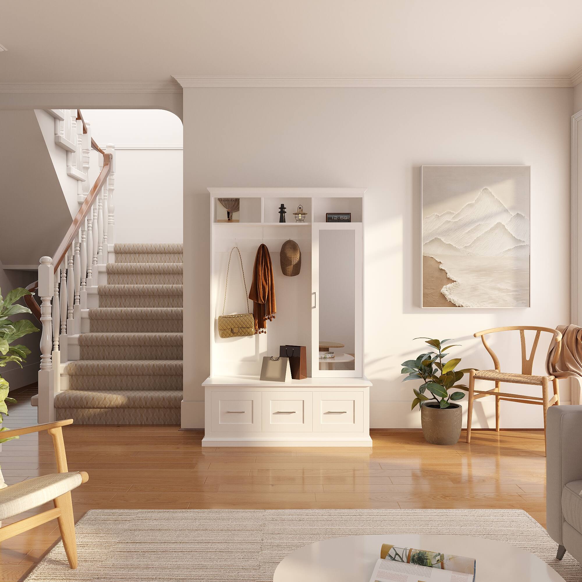 Alt View 2. FUFU & GAGA - Hall Tree with Mirror and Storage Bench Elegant Entryway Organizer with Coat Hooks and Shelves - White.