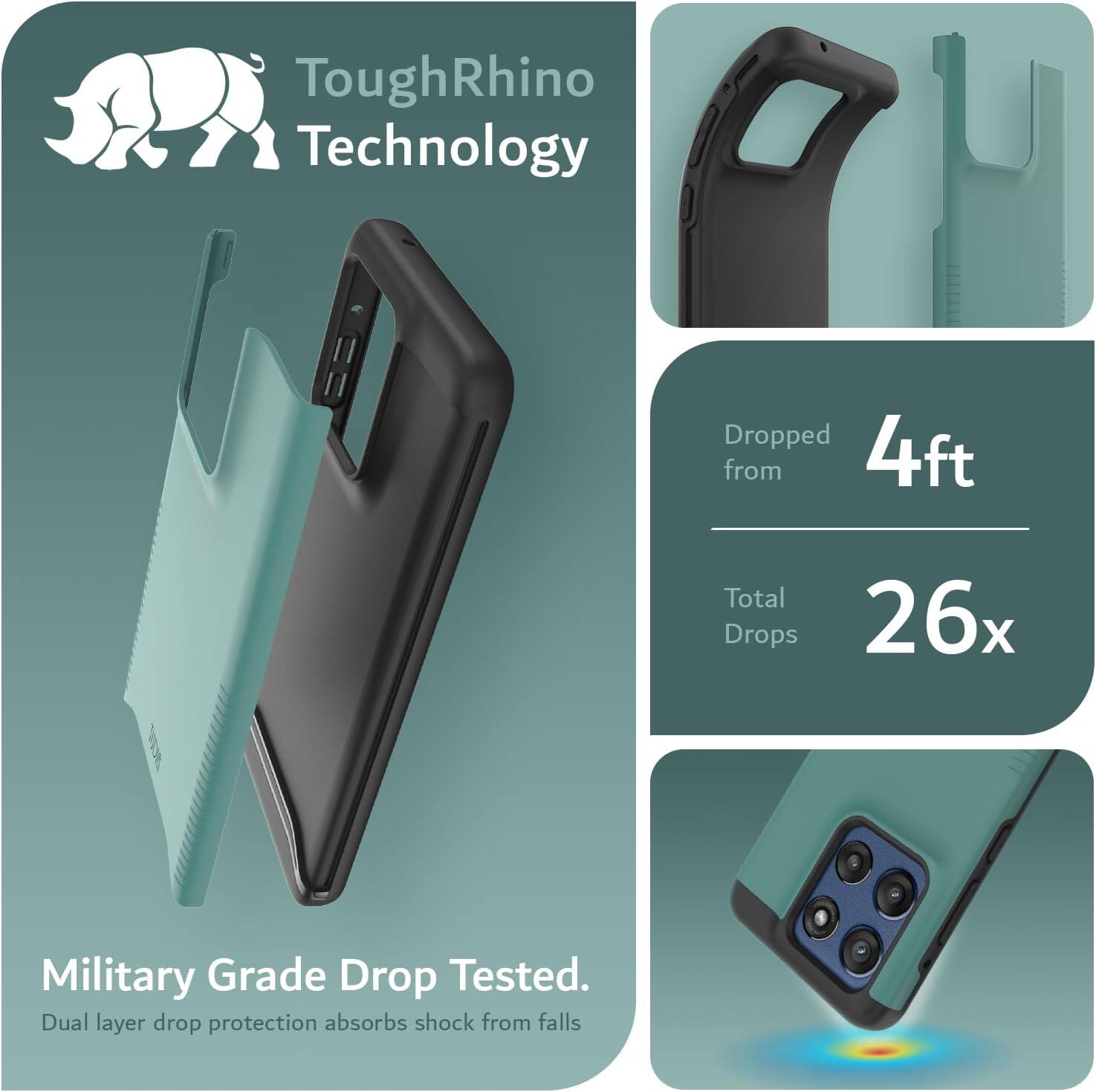 ToughRhino Technology

Dropped from 4ft  
Total Drops 26x

Military Grade Drop Tested.  
Dual layer drop protection absorbs shock from falls