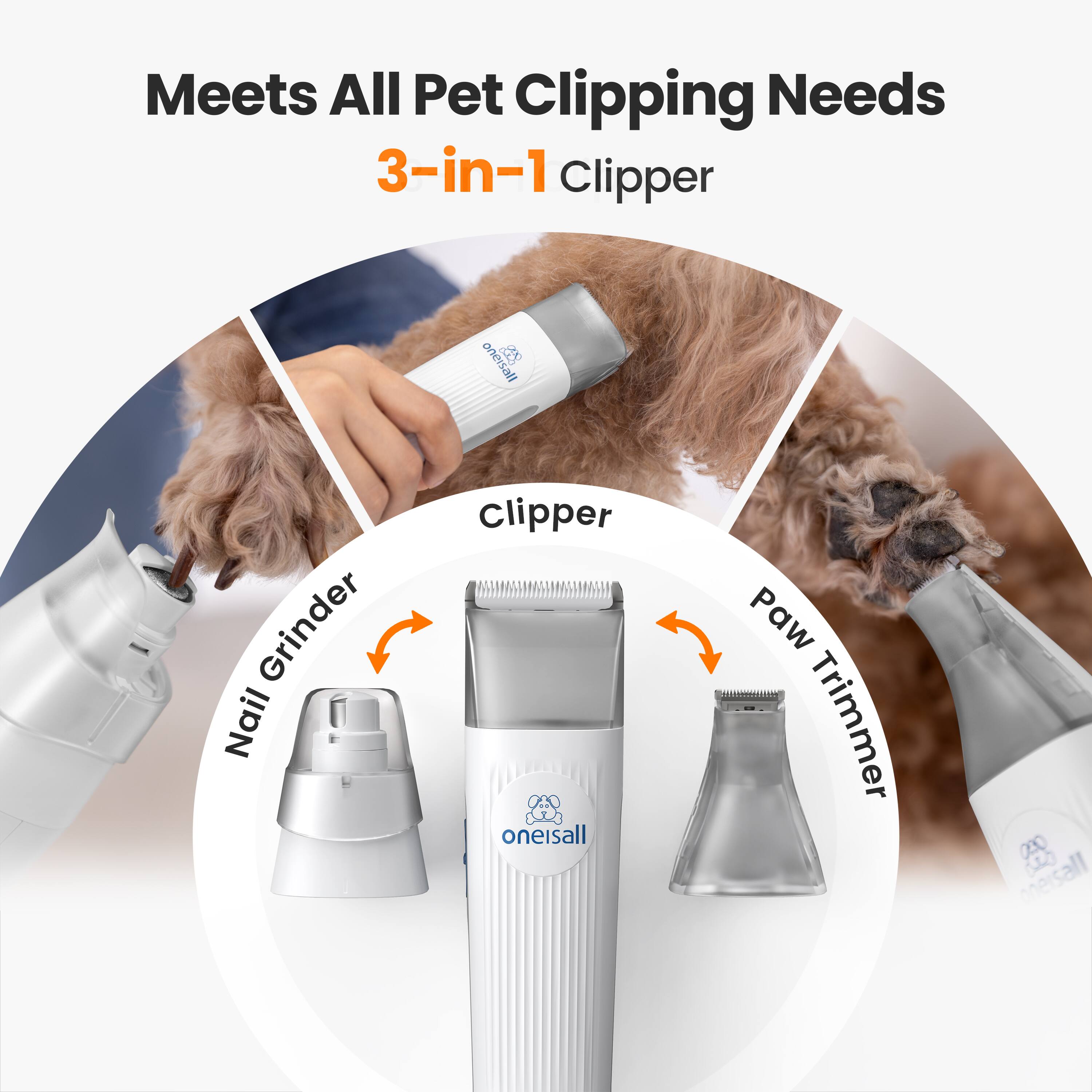 Meets All Pet Clipping Needs  
3-in-1 Clipper  
oneisall EB Grinder  
Nail Clipper  
oneisall Paw Trimmer