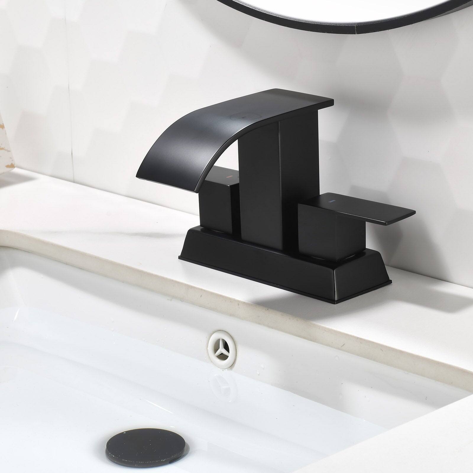 Alt View 2. Boyel Living - Black 4 Inch Centerset Faucet SUS304 Waterfall Spout 1.2GPM Dual Handle Pop Up Drain - Matte Black.