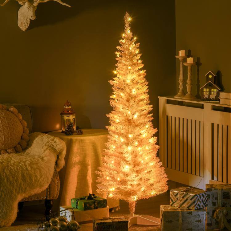 Alt View 2. PULUZ - 5ft Pencil Christmas Tree, Slim Artificial Christmas Tree with Realistic Branches and Warm White LED Lights - Pink.