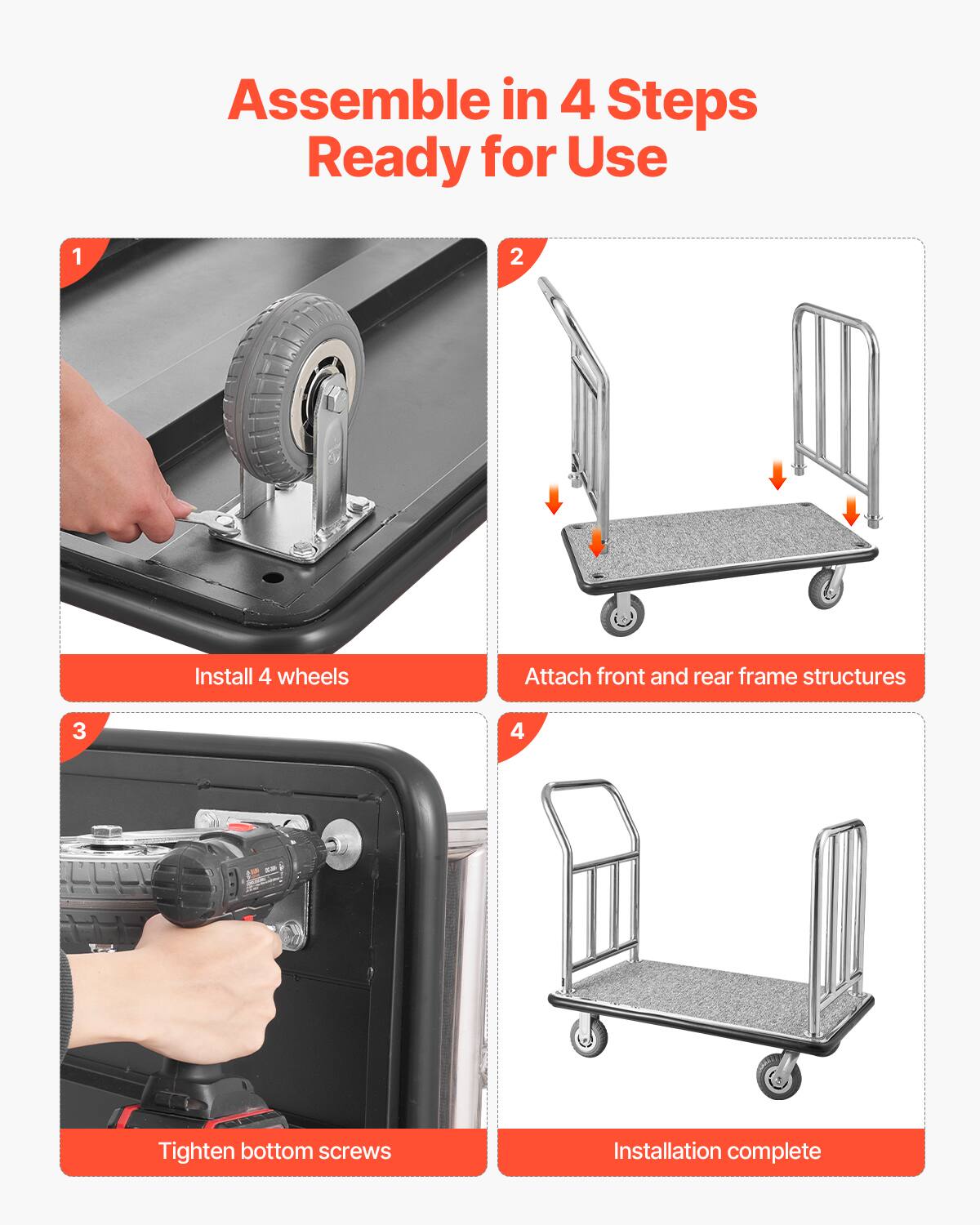 Assemble in 4 Steps Ready for Use

1. Install 4 wheels

2. Attach front and rear frame structures

3. Tighten bottom screws

4. Installation complete