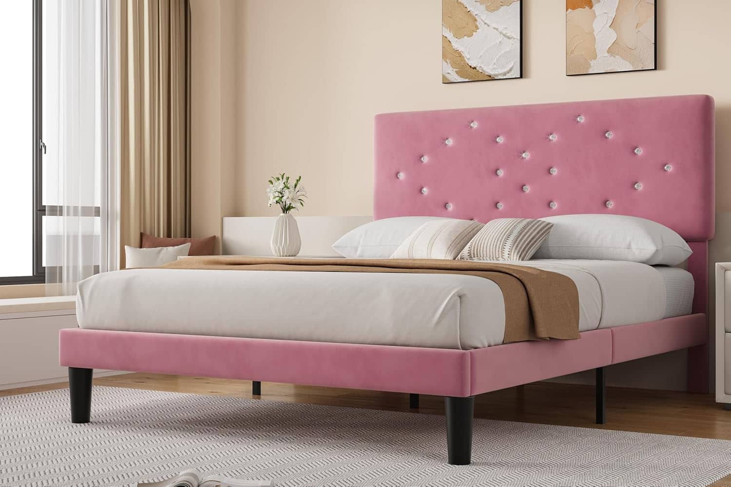 GARVEE - Queen Upholstered Bed Frame with Button Tufted Headboard, Storage Space, No Box Spring, Pink - Pink Queen