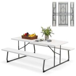Costway - Folding Picnic Table with 2 Benches All Weather Wood-like Tabletop Umbrella Hole - White